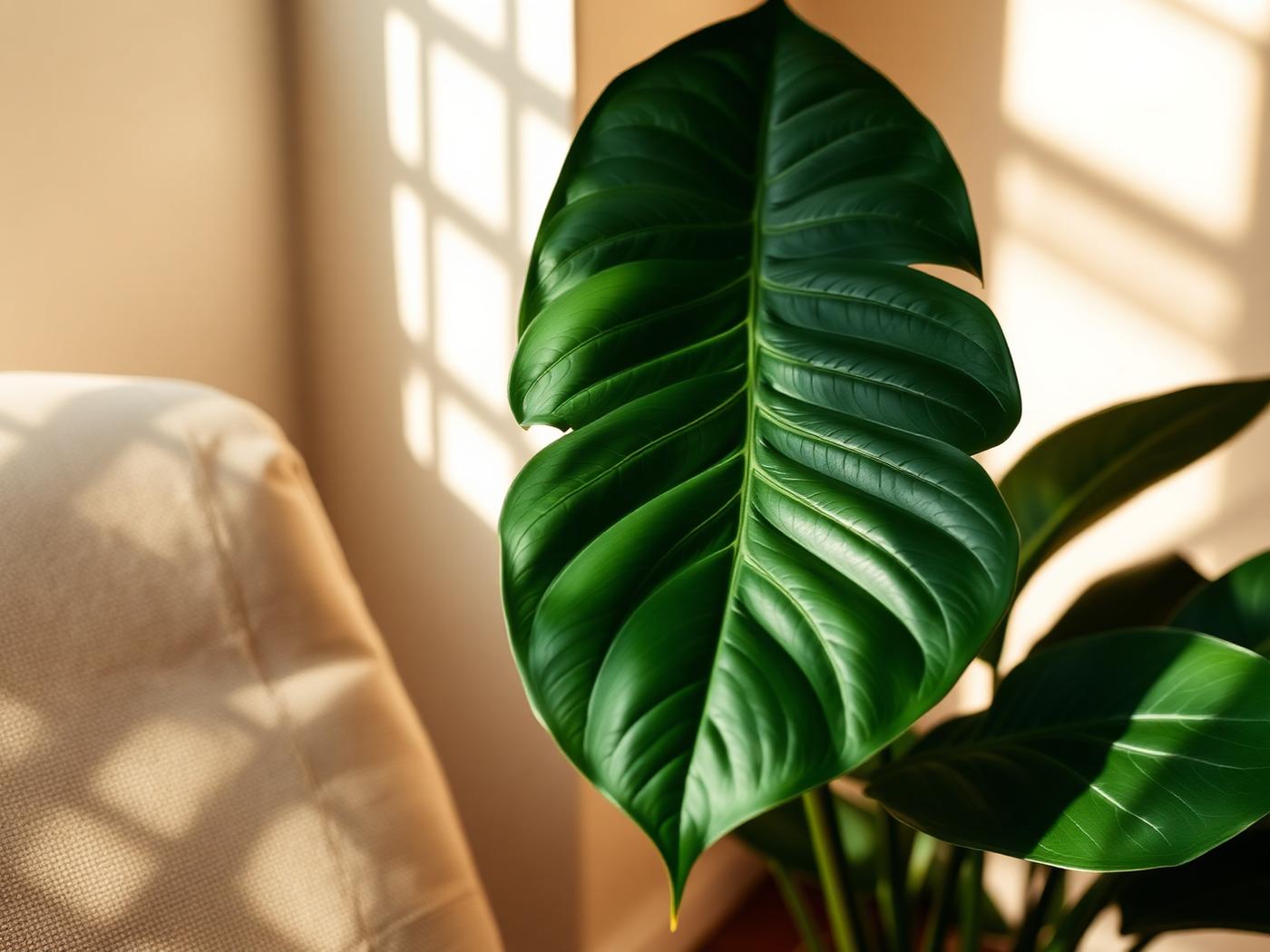 Feuillage vert et fauteuil en lin dans la lumière du matin