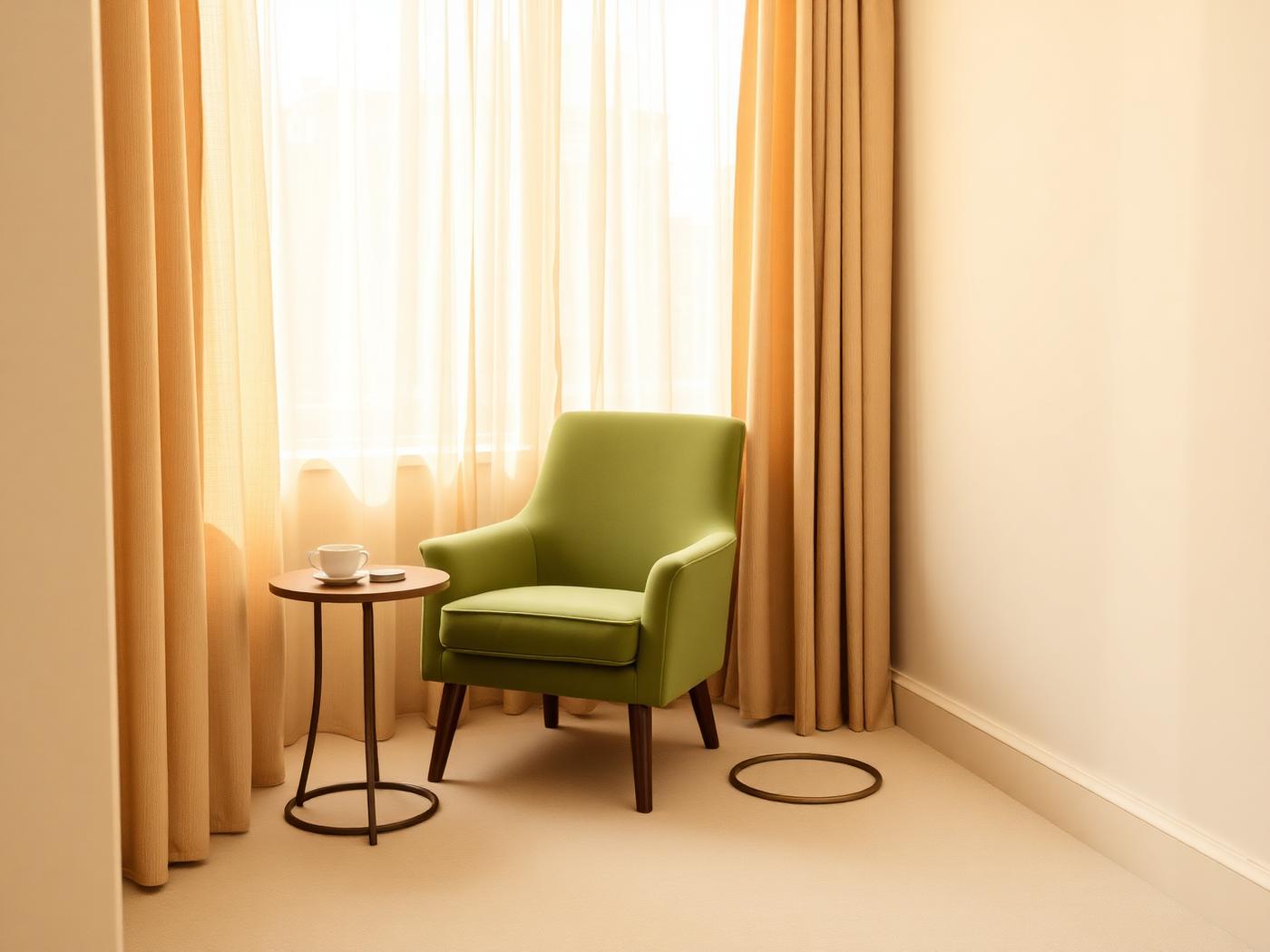 Fauteuil en velours sauge près d'une fenêtre voilée