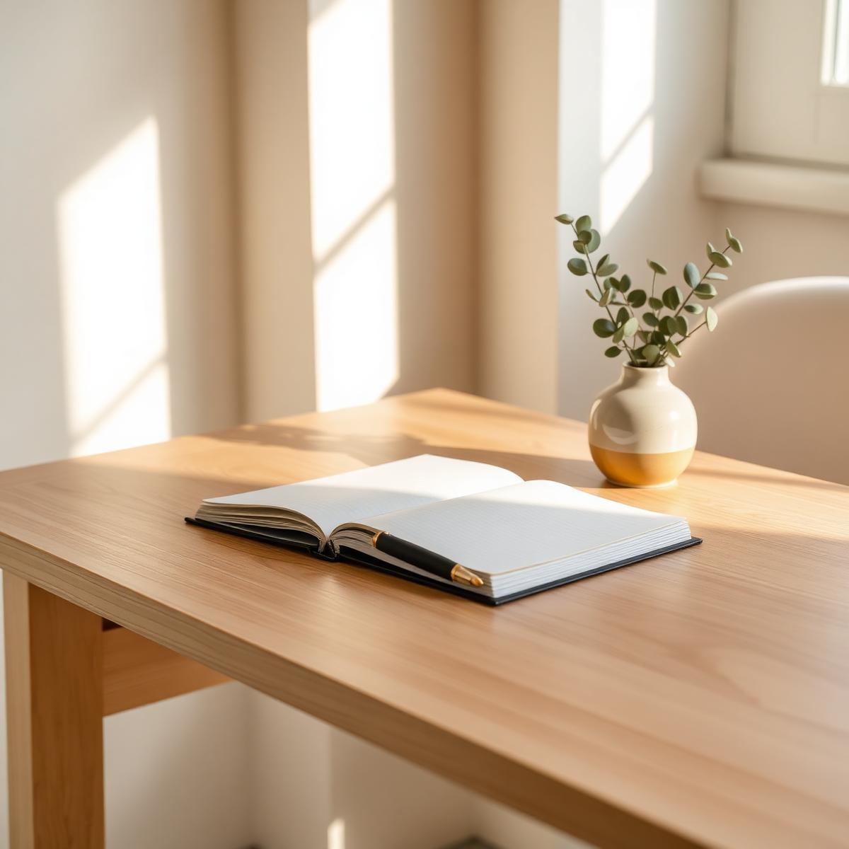 Carnet et vase d'eucalyptus sur un bureau en chêne clair