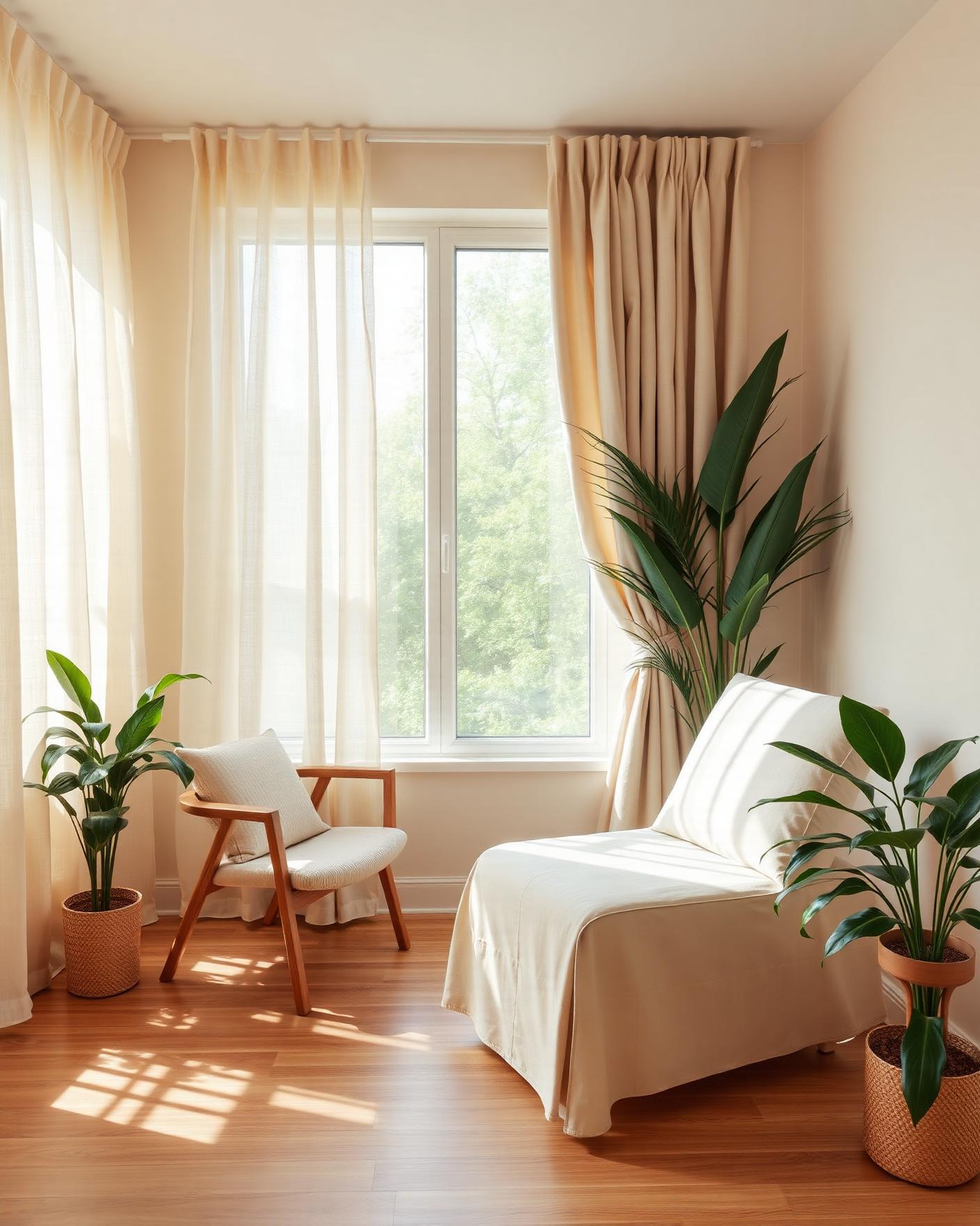 Cabinet lumineux avec fauteuil, plantes et lumière naturelle